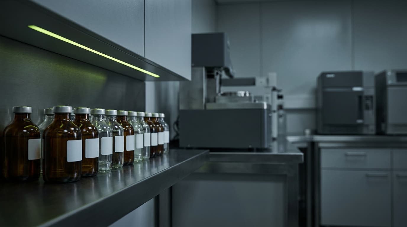 Sealed chemical sample bottles in a regulated testing laboratory