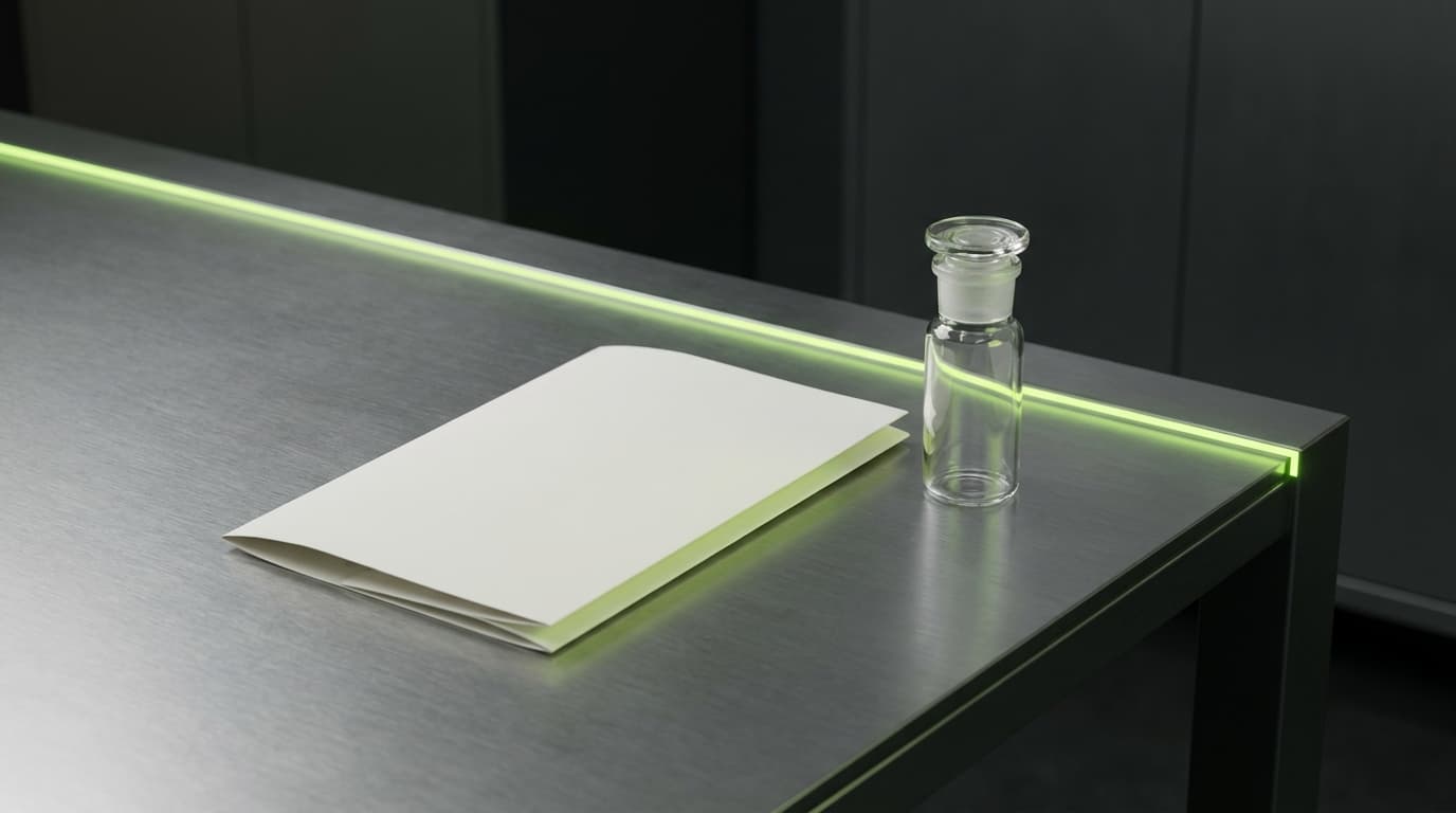 A glass sample vial and a folded document on a steel desk