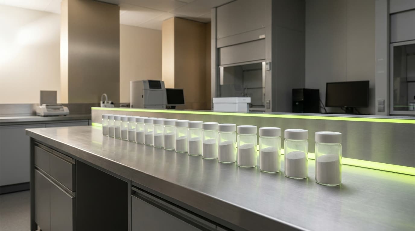 Identical pharmaceutical powder sample jars on a steel QC bench