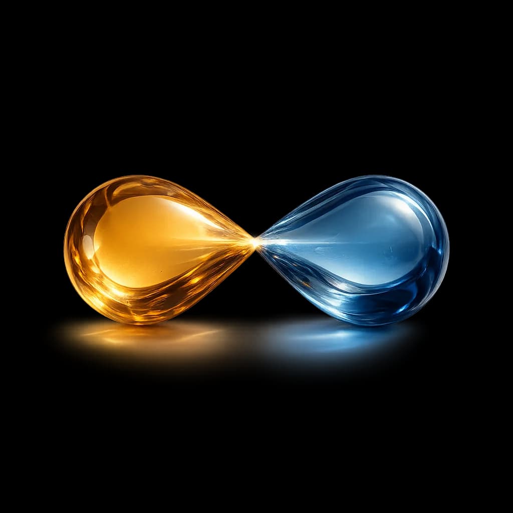 Amber and blue glass volumes meeting at an interface, representing acids and bases