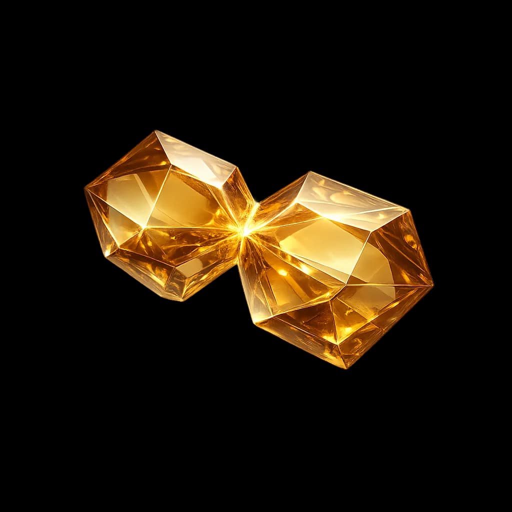 Two amber glass forms interlocking mid-join, representing chemical synthesis