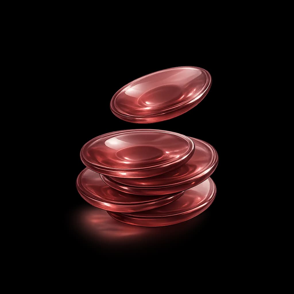 Stacked translucent crimson biconcave discs representing hematology and histology