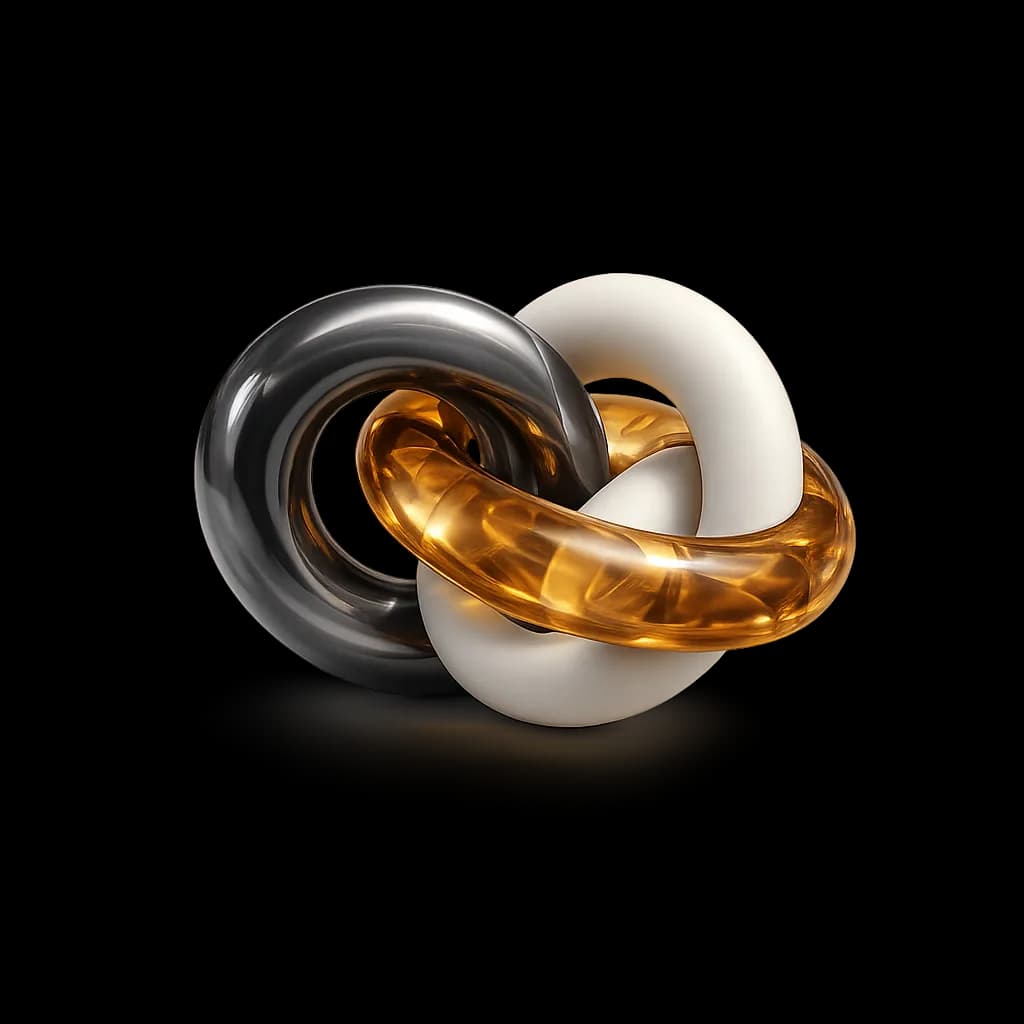 Three interlocking rings of differing materials, representing heterocyclic building blocks