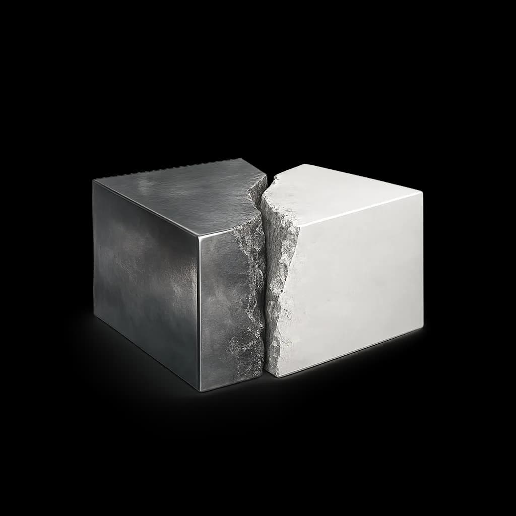 Block fractured into burnished metal and matte ceramic halves, representing metal and ceramic science