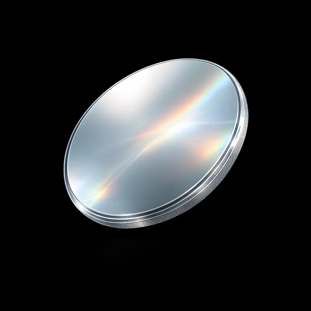 Polished wafer disc with diffraction sheen representing micro and nanoelectronics