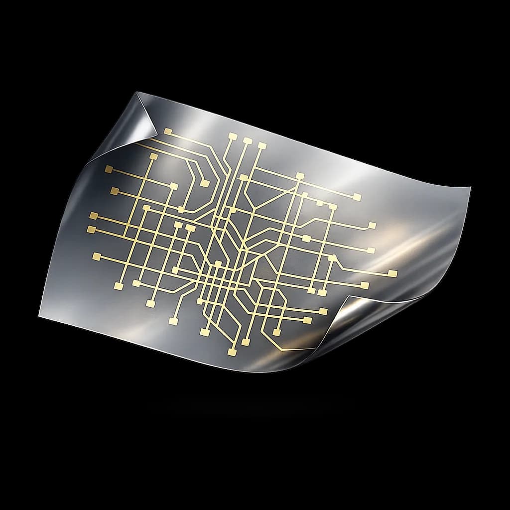 Flexible film with printed conductive traces, representing organic and printed electronics
