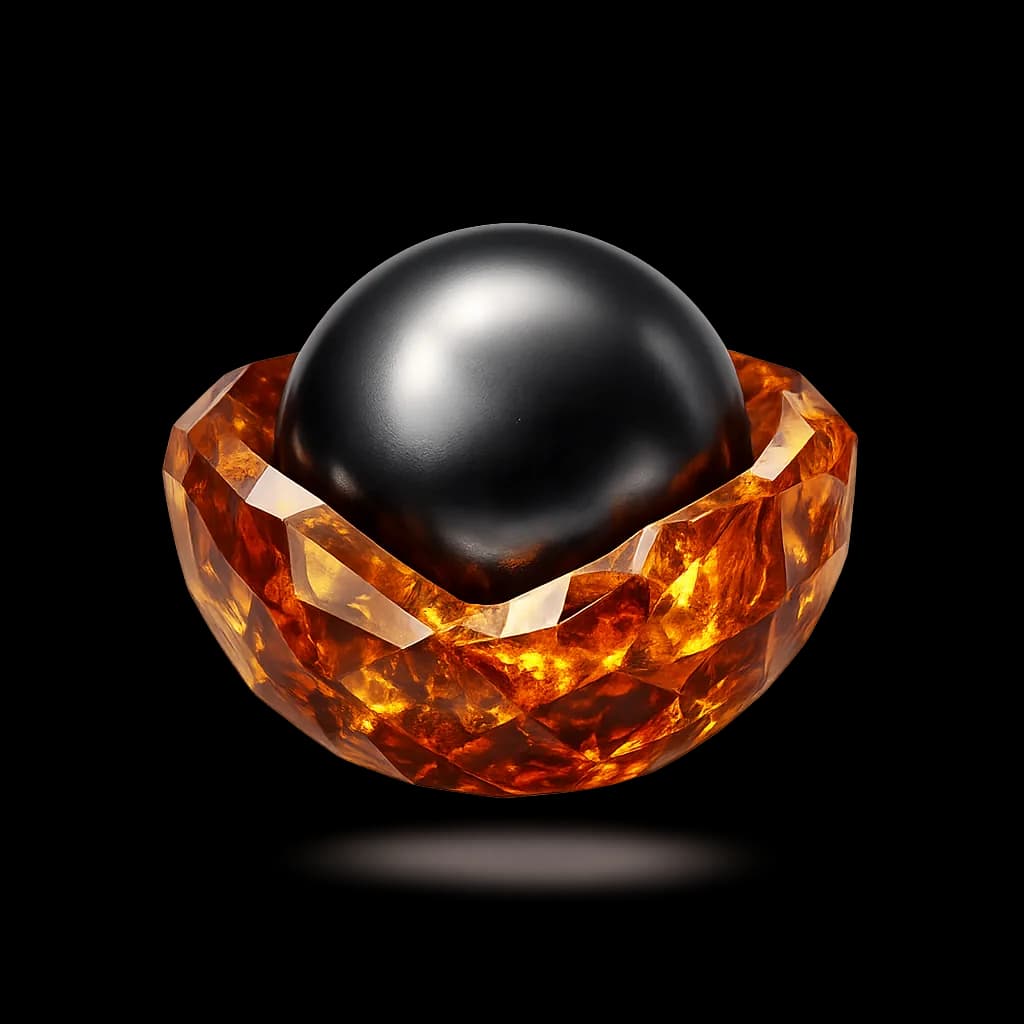 Burnished steel sphere cradled in an amber crystal shell, representing organometallic reagents